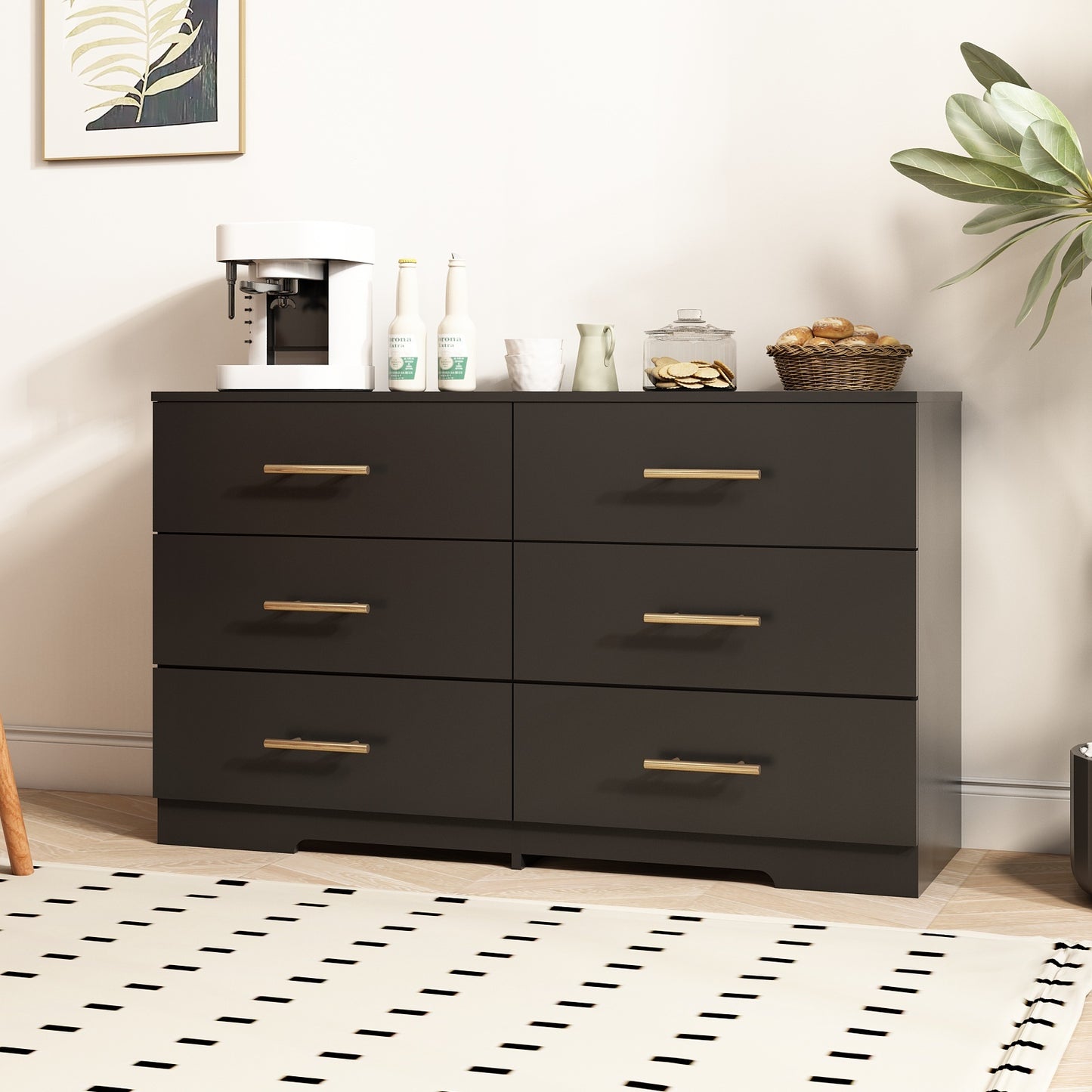 Elegant Black 6-Drawer Dresser with Gold Handles for Stylish Storage