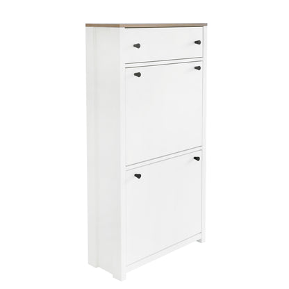 Contemporary White Shoe Cabinet with Wood Grain Top, Adjustable Drawer Organizer and 2 Flip Storage Sections for Entryway