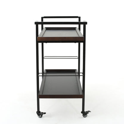 Modern Industrial Rolling Bar Cart With Wood Shelves