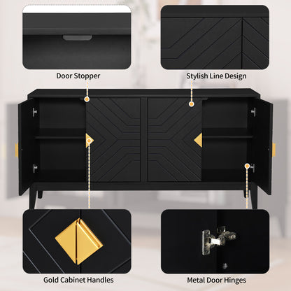 4-Door Sideboard Storage Cabinet for Living Room and Dining Room, Two Large Cabinets with Gold Handles and Adjustable Shelf, Black