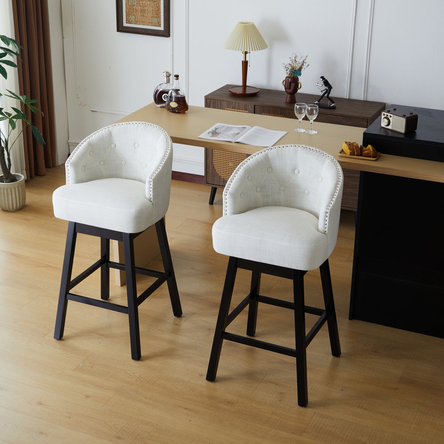 33.25 Inch Swivel Counter Stools Set Black Beige Rubberwood