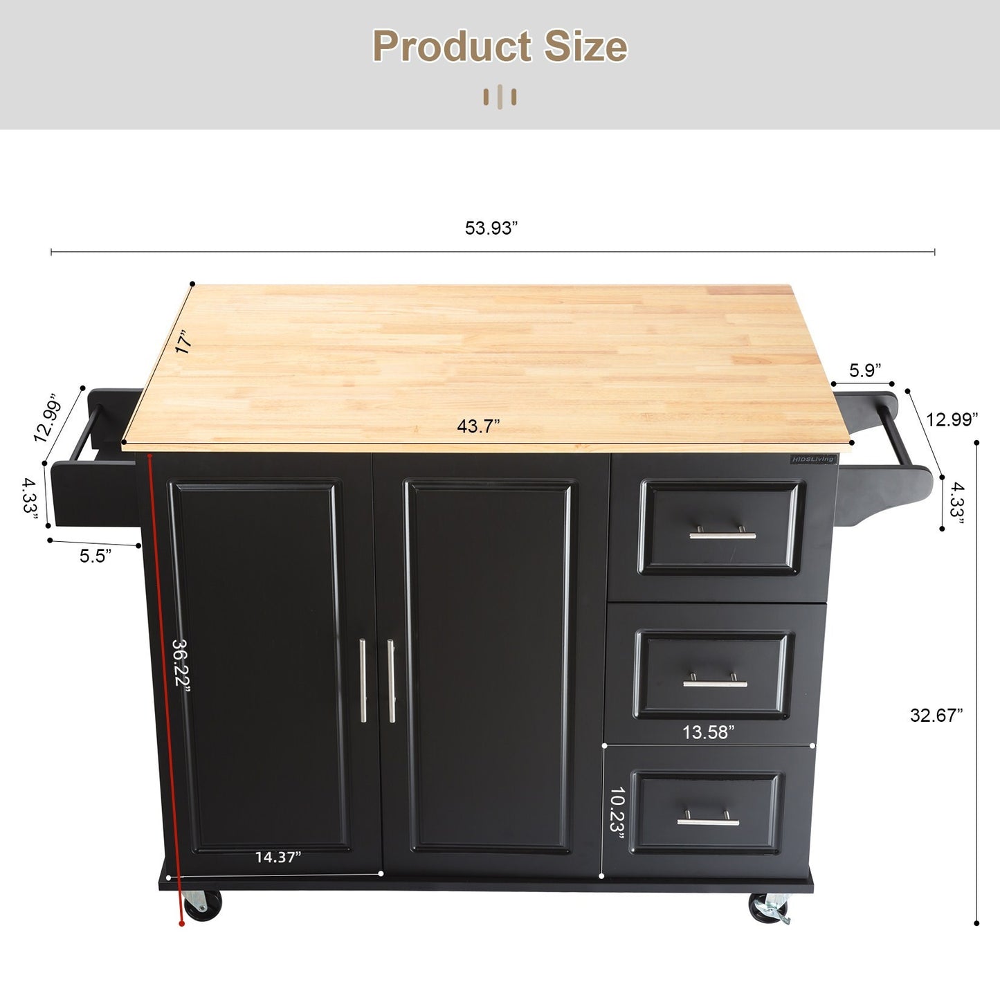 Mobile Kitchen Island with Rubber Wood Top, Adjustable Shelves & Spice Rack - Black-Beech Finish