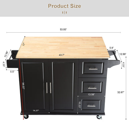 Mobile Kitchen Island with Rubber Wood Top, Adjustable Shelves & Spice Rack - Black-Beech Finish