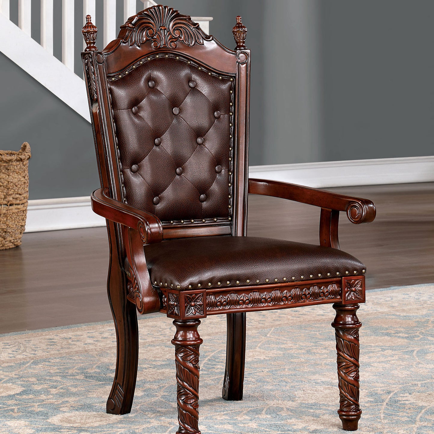 Traditional 2pcs Arm Chairs Brown Cherry Solid wood Dark Brown Leatherette Seats Tufted Back Formal Dining Room Furniture