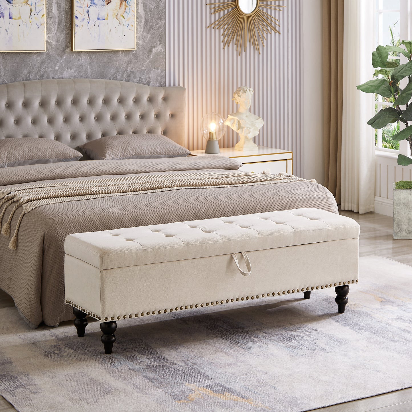 59-Inch Bed Bench Ottoman with Storage, Button-Tufted Upholstery, Wood Legs, 500 lb Capacity, Beige