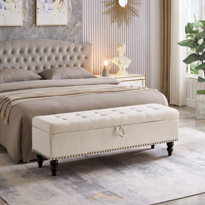 59-Inch Bed Bench Ottoman with Storage, Button-Tufted Upholstery, Wood Legs, 500 lb Capacity, Beige