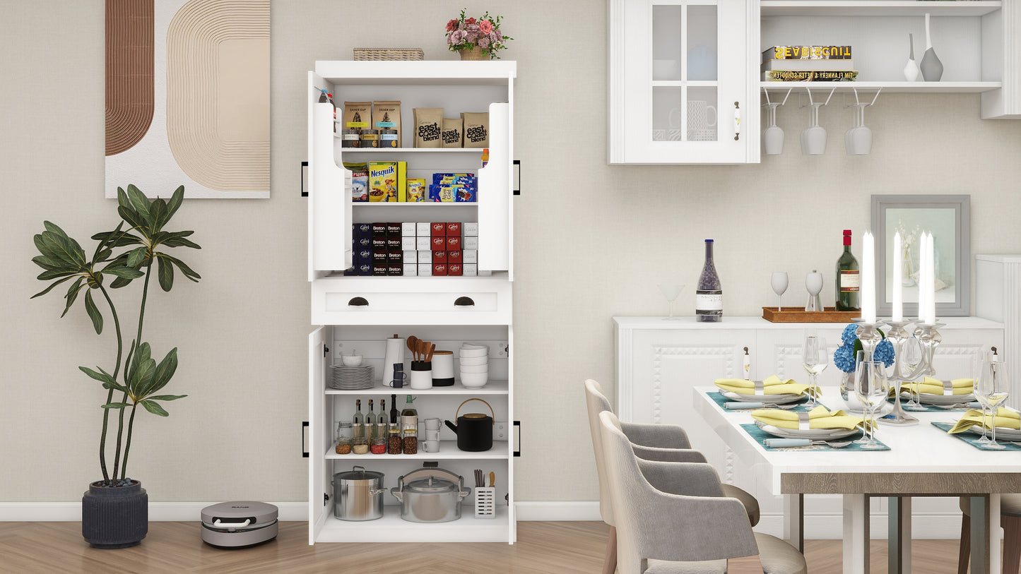 Elegant 71" White Freestanding Kitchen Pantry Cabinet with 4 Doors, 1 Drawer, Adjustable Shelves for Versatile Storage