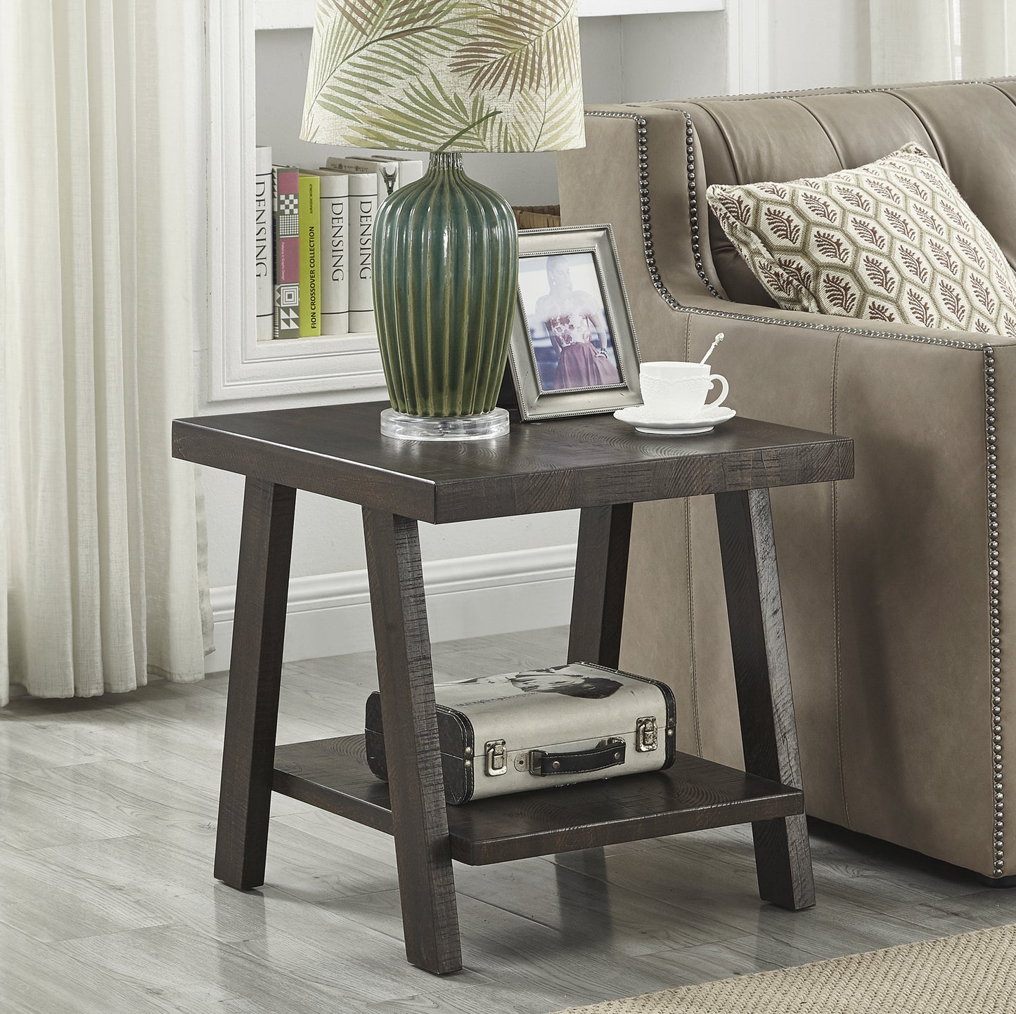 Contemporary Wood End Table with Lower Shelf for Living Room, 24W x 22D x 23H, MDF Weathered Espresso