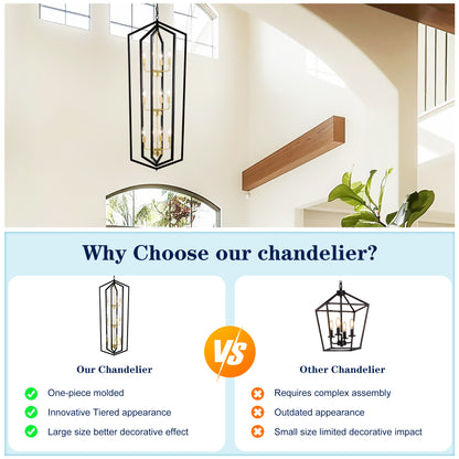 12-Light Lantern Farmhouse Pendant for Kitchen Island, Adjustable Height, E12 Socket – Matte Black