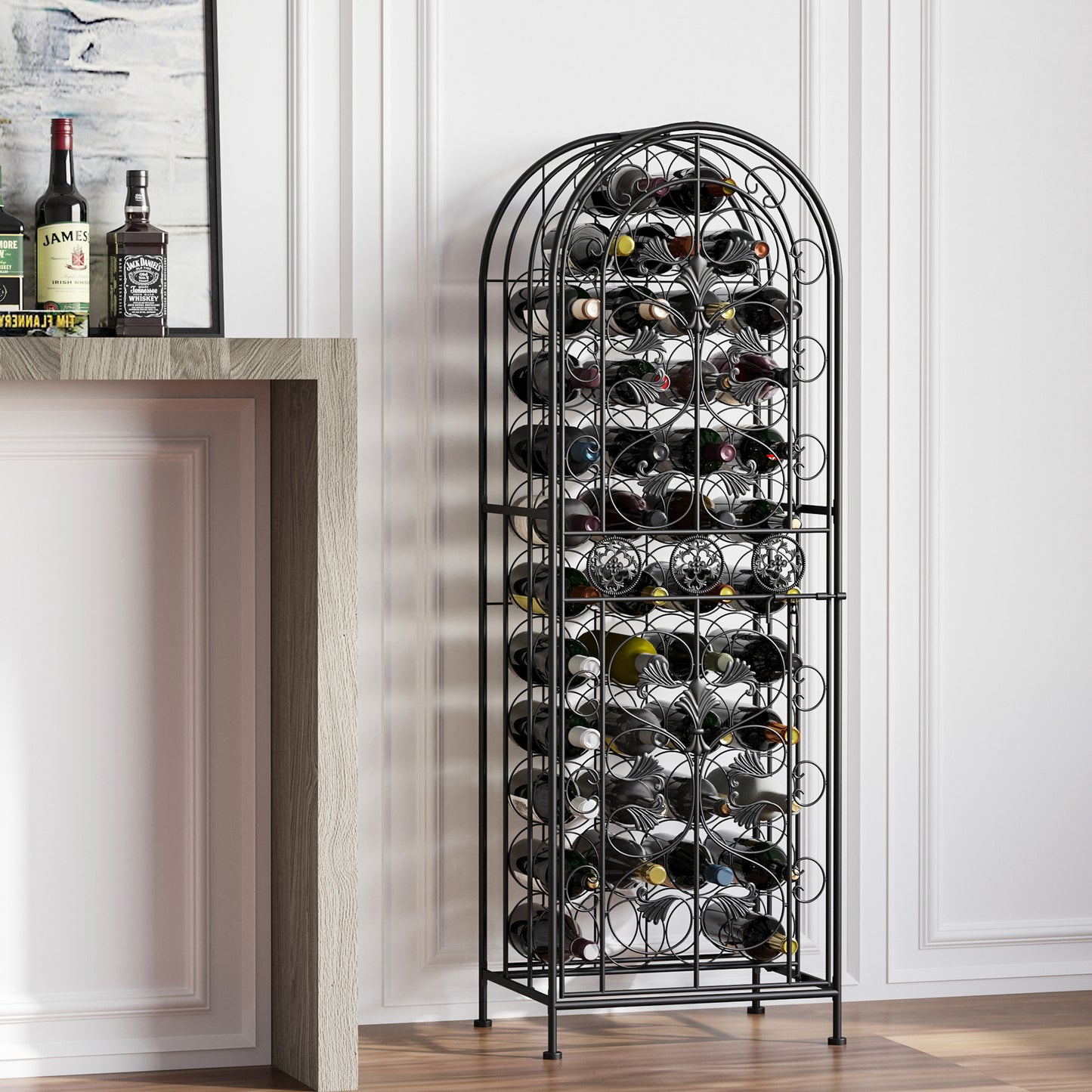 Elegant Black Wrought Iron Wine Cage Rack For 45 Bottles