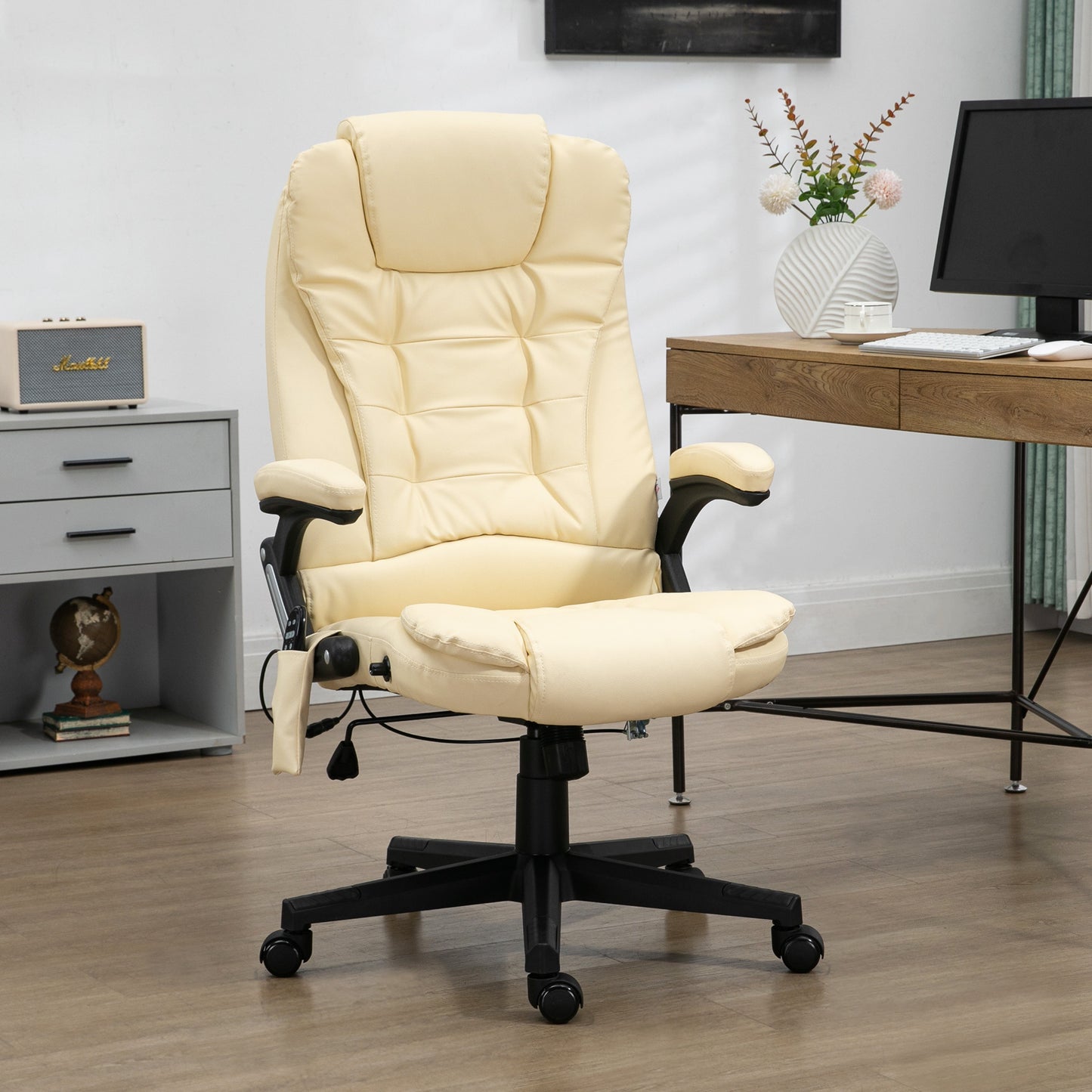 Beige High Back Massaging Office Chair with Heated Recline and Remote Control, 6 Vibration Points