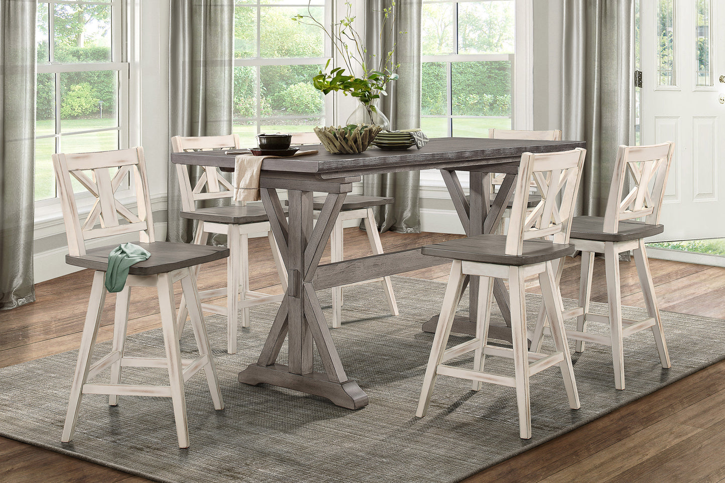 Counter Height Chairs Set of 2, White Gray 360-degree Swivel Chair Solid Rubberwood Kitchen Dining Furniture, X-Back