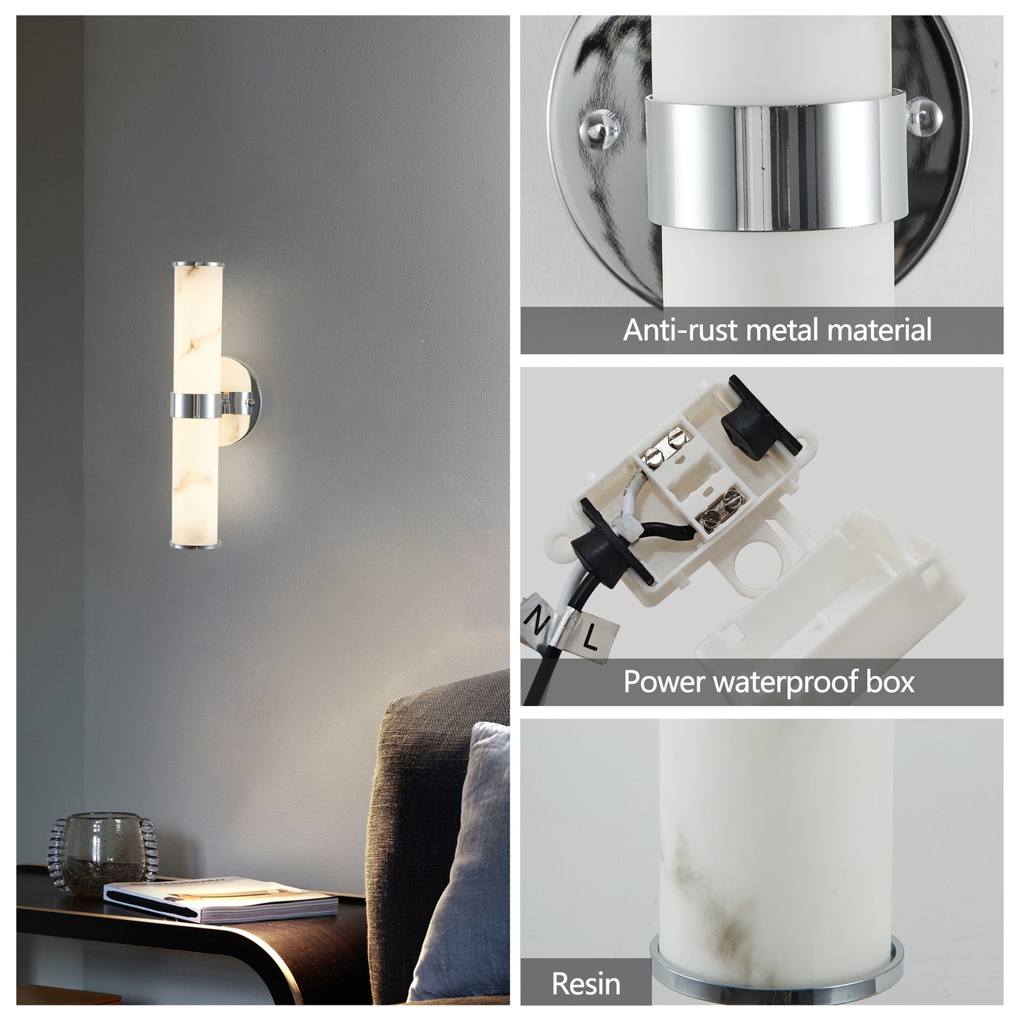 Resin Imitation Marble and Chrome Wall Sconce, Set of 2,Modern Vertical Light Fixture for Bathrooms, Hallways, and Bedrooms (Only Indoor)