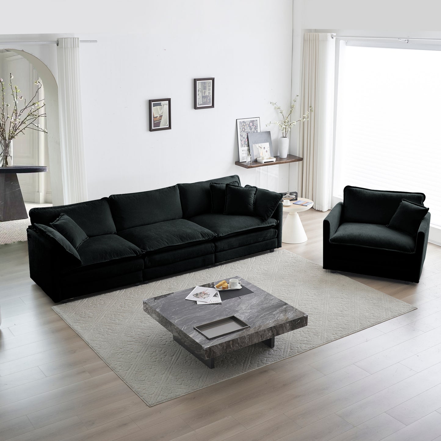 1+3-Piece Sectional Sofa Set for Living Room - Deep-Seat Couches, Chenille, Easy Assembly Black