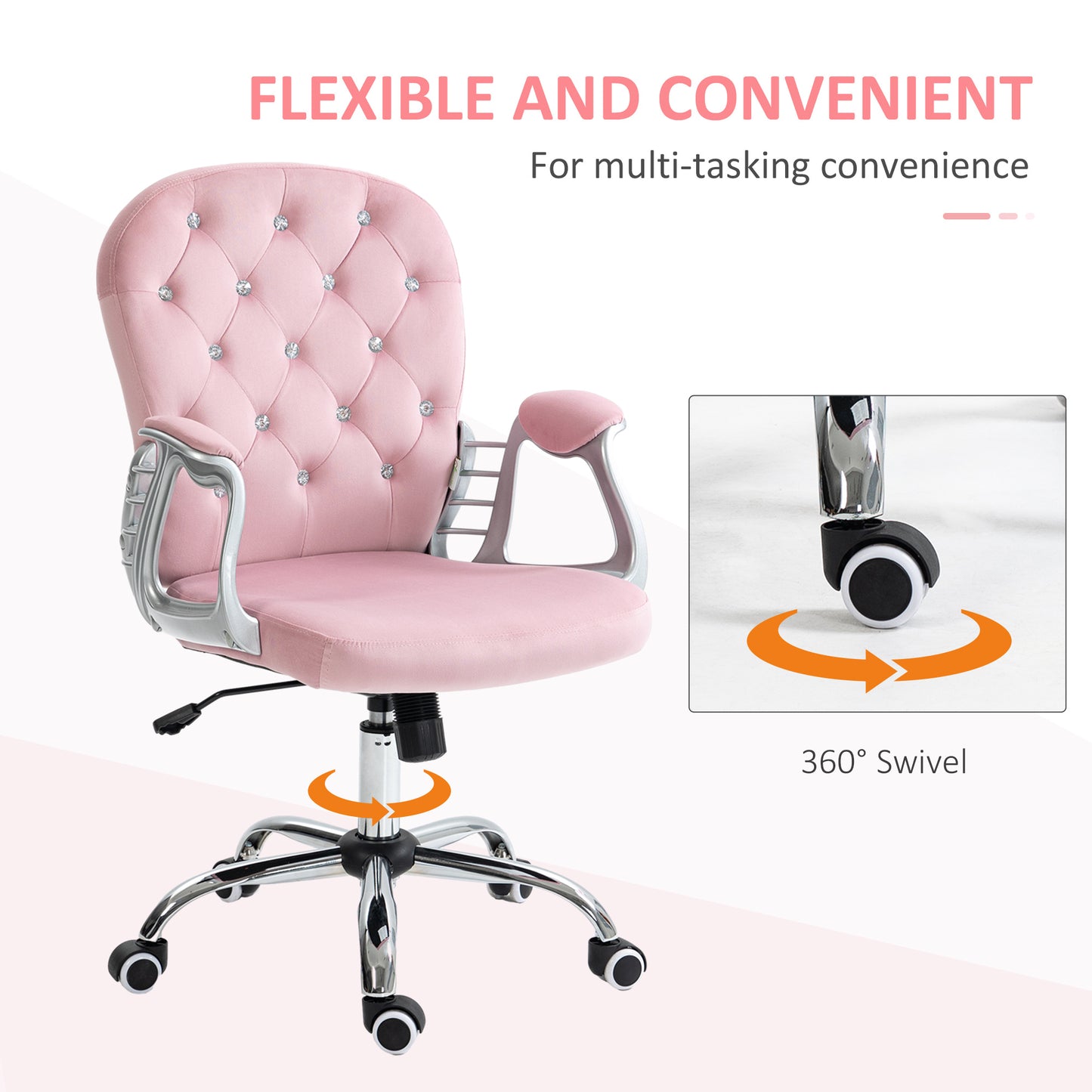 Pink Velvet Adjustable Office Chair with Padded Armrests and Swivel Wheels