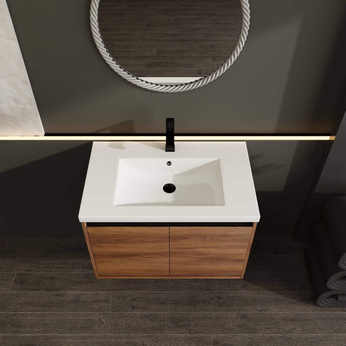 30-Inch LEVISTAR Brown Engineered Wood Bathroom Vanity with Resin Sink and Dual Door Storage Cabinet