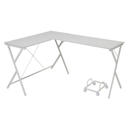 Modern White L-Shaped Workstation with Rolling CPU Stand