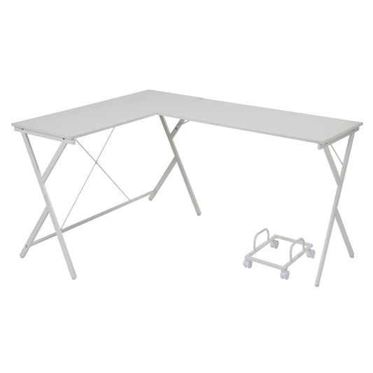 Modern White L-Shaped Workstation with Rolling CPU Stand