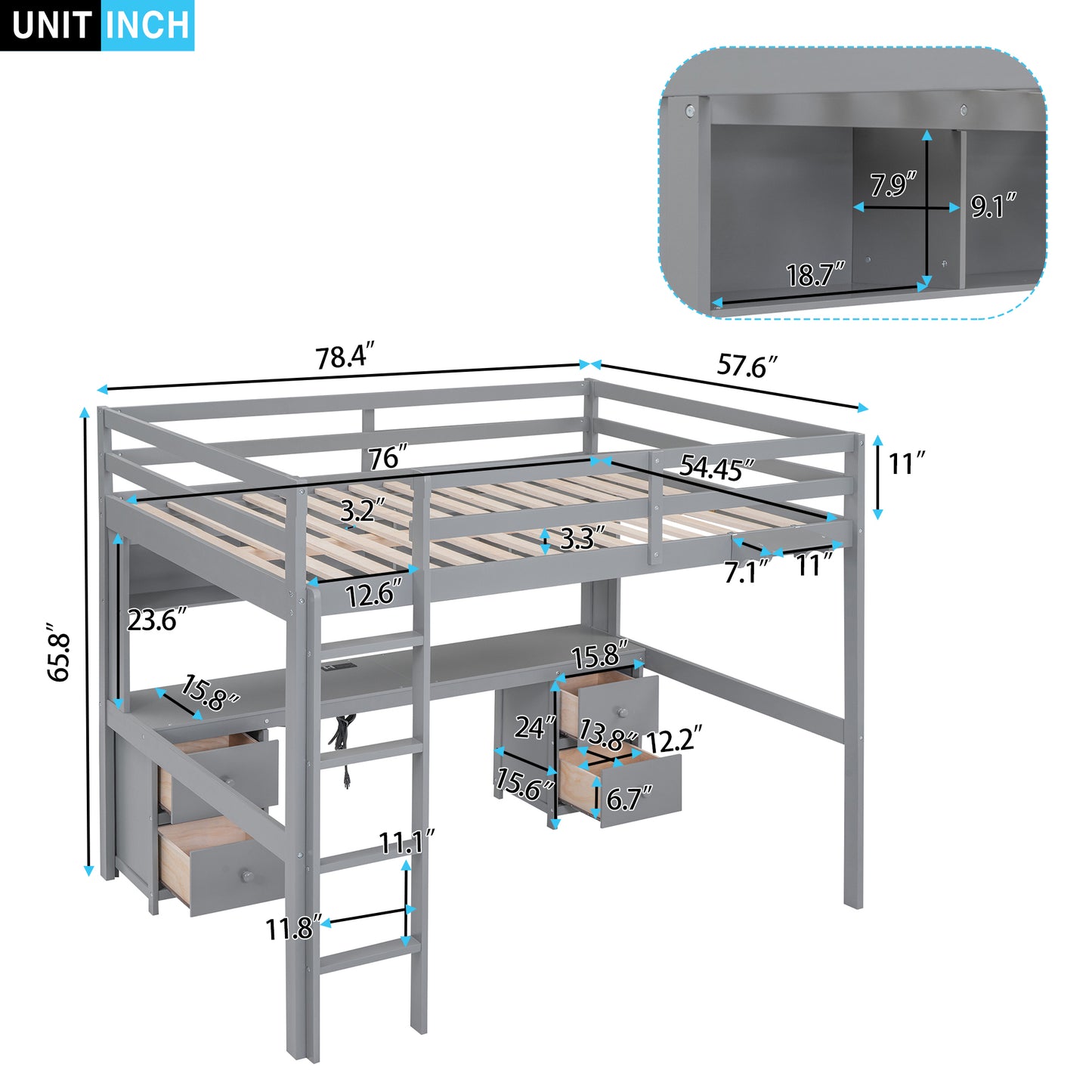 Gray Full Size Loft Bed with Integrated Desk, Storage Solutions, and Charging Station