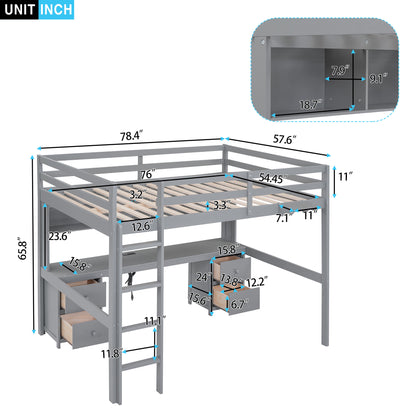 Gray Full Size Loft Bed with Integrated Desk, Storage Solutions, and Charging Station