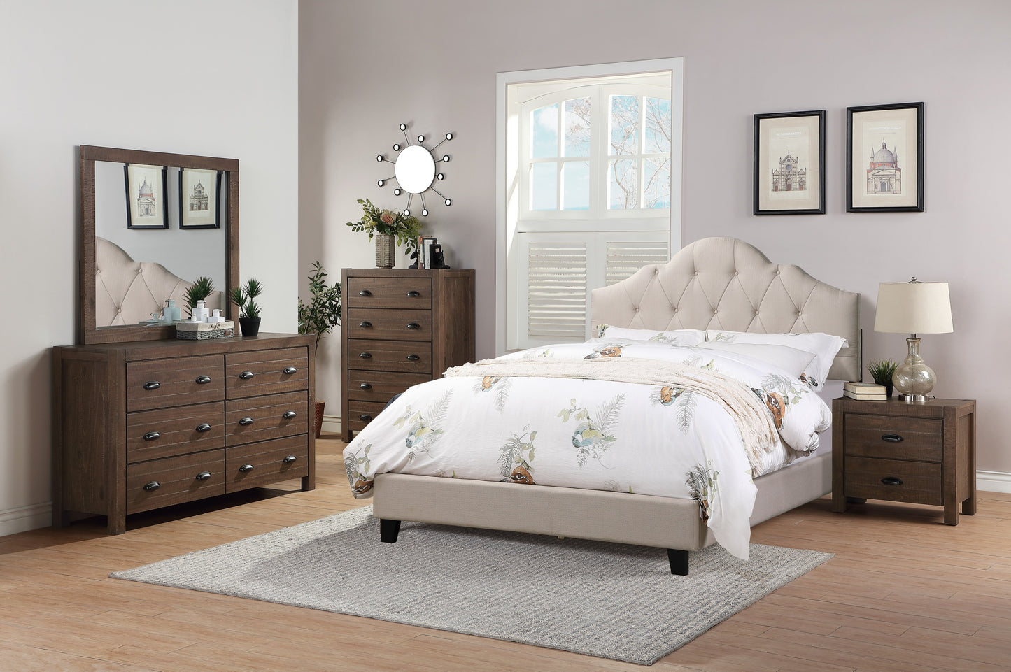 Modern Queen Size Bedframe with Adjustable Light Brown Upholstered Headboard and Tufted Design