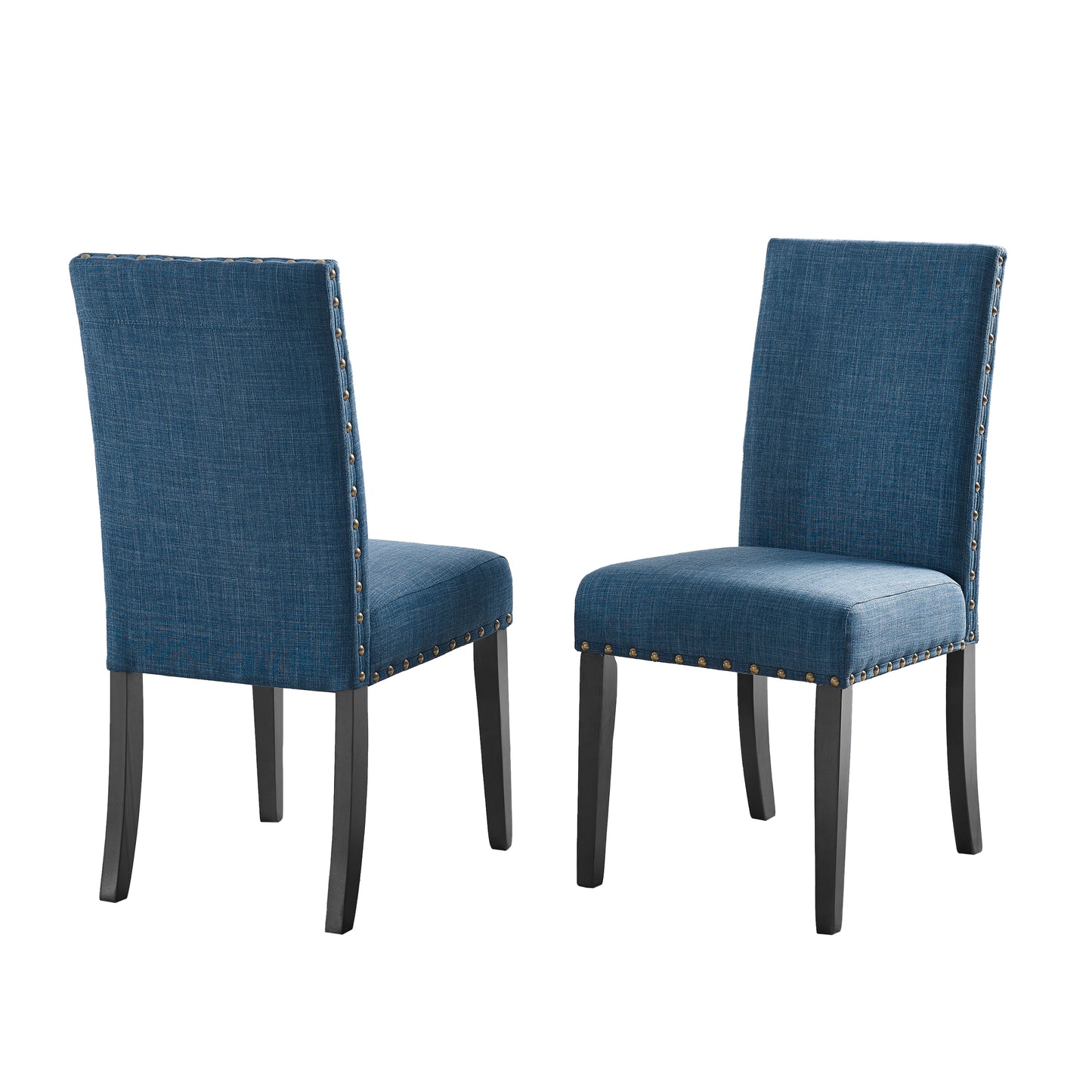 Set of 2 Fabric Dining Chairs with Nailhead Trim, Linen-Cotton Upholstery, Espresso Finish, 200 lb, Blue