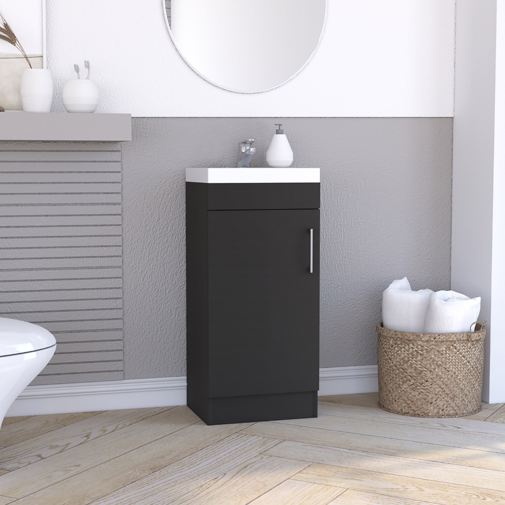 Modern Black Bathroom Vanity Sink with Metal Handle and Single Door Cabinet