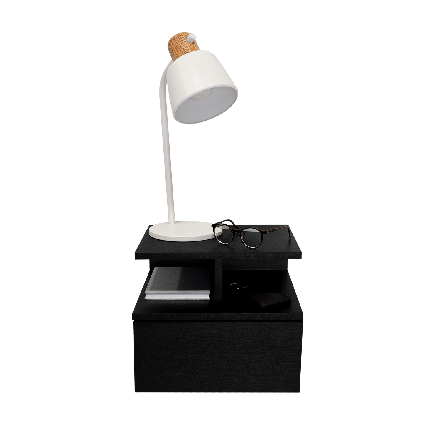 Adele Floating Nightstand , End Table, Side Table Drawer, Open Top Shelves -Black