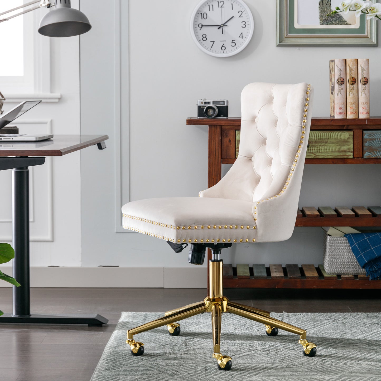 Velvet Tufted Button Office Chair with Golden Base - Adjustable Swivel Desk Chair in Beige