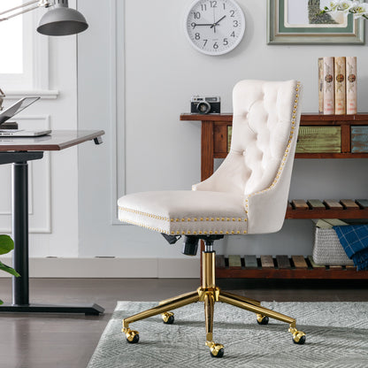 Velvet Tufted Button Office Chair with Golden Base - Adjustable Swivel Desk Chair in Beige