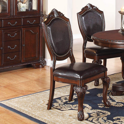 Set of 2 Traditional Formal Dining Room Side Chairs - Rubberwood, Faux Leather Upholstered Seats Brown