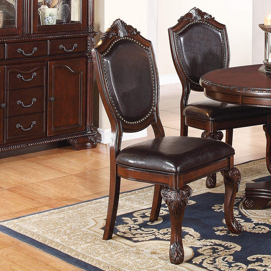 Set of 2 Traditional Formal Dining Room Side Chairs - Rubberwood, Faux Leather Upholstered Seats Brown