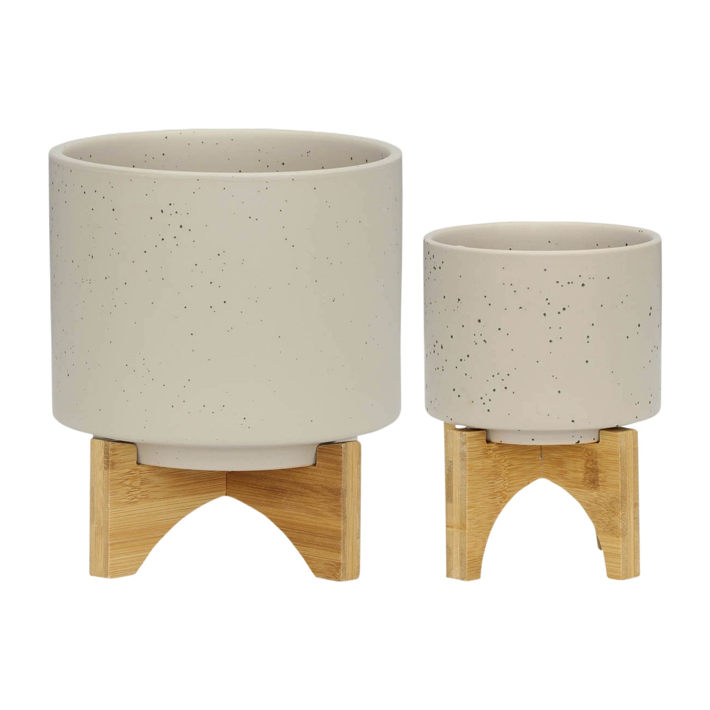 Set of 2 Ceramic Planters with Wood Stand, Drainage Holes, Indoor/Outdoor Use, Matte Beige