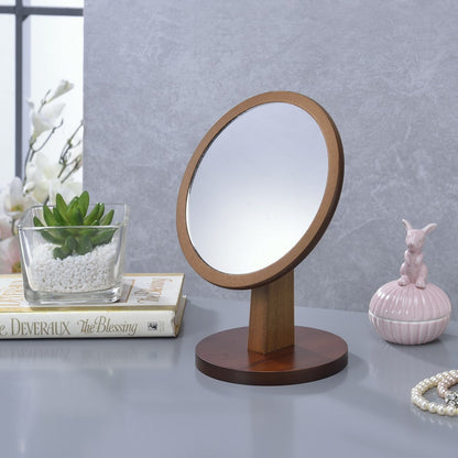 Walnut-Finished 9.5" Tall Dual-Material Makeup Mirror on Pedestal