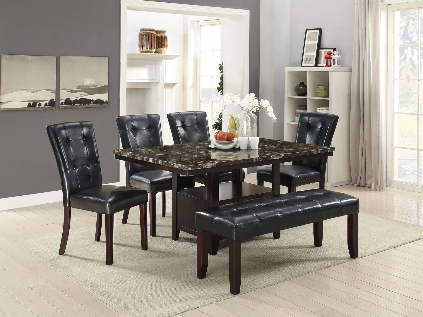 Set of 2 Parson Dining Chairs, Faux Leather, Tufted Back, Birch Wood & MDF, 19 x 24 x 39 in, Black