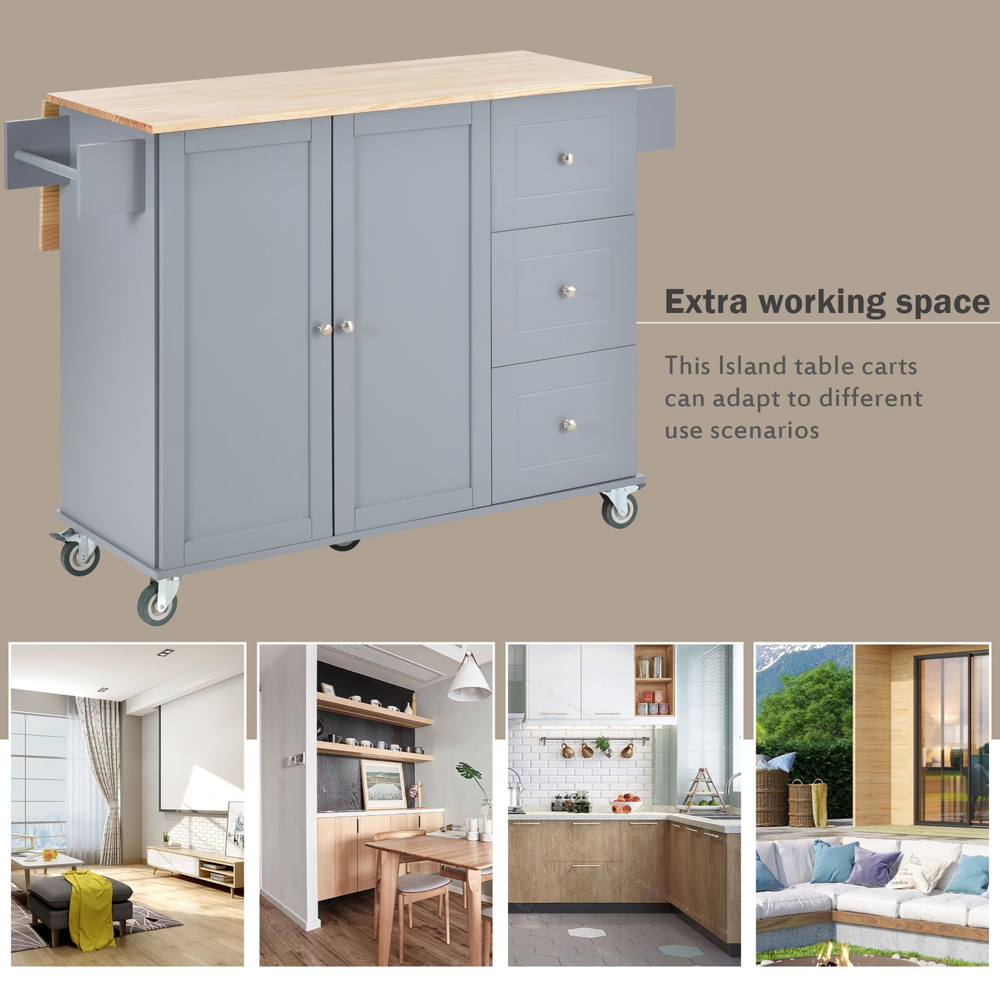 Versatile Rolling Kitchen Island with Solid Wood Top, Locking Wheels & Ample Storage - 52.7 Inch (Grey Blue)