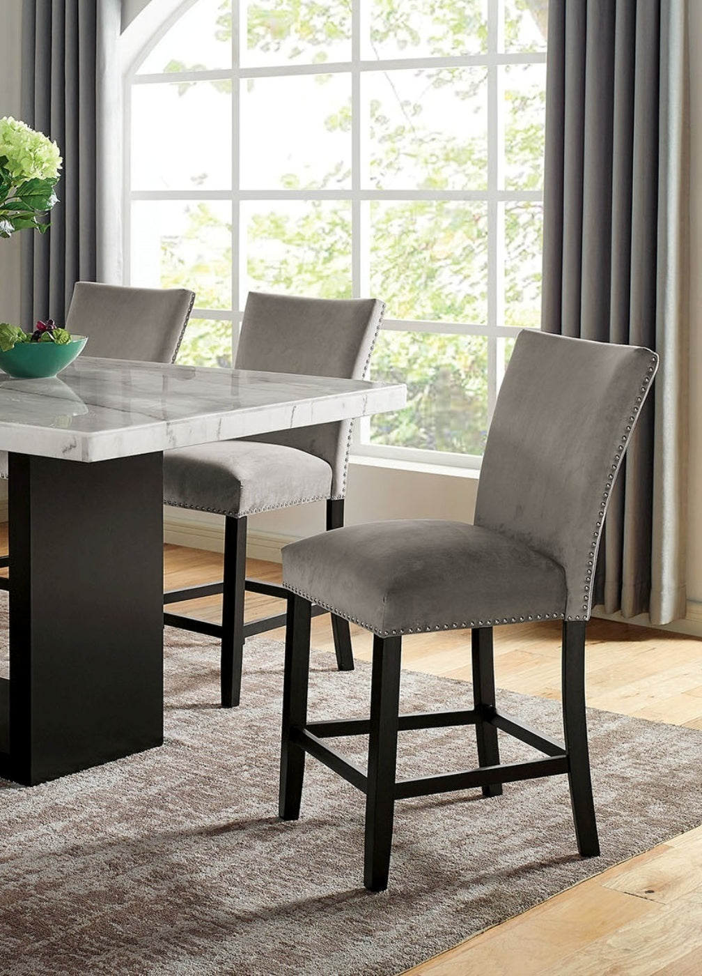 Attractive Set of 2pc Counter Height Chairs Dining Room Furniture Gray Flannelette Seat Nailhead Trim Kitchen Breakfast
