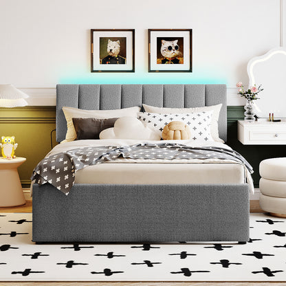 Luxurious Gray Upholstered Full Size Platform Bed with Twin Trundle and LED Lights