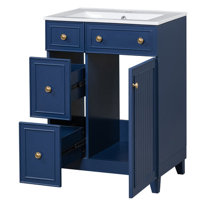 Compact 24-Inch Bathroom Vanity with Ceramic Sink, Dual Drawers, and Single Door