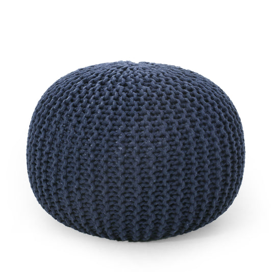 Knitted Cotton Round Pouf Ottoman and Floor Cushion 20in Dia x 13in H Bead-Filled 200lb Cap Navy Blue