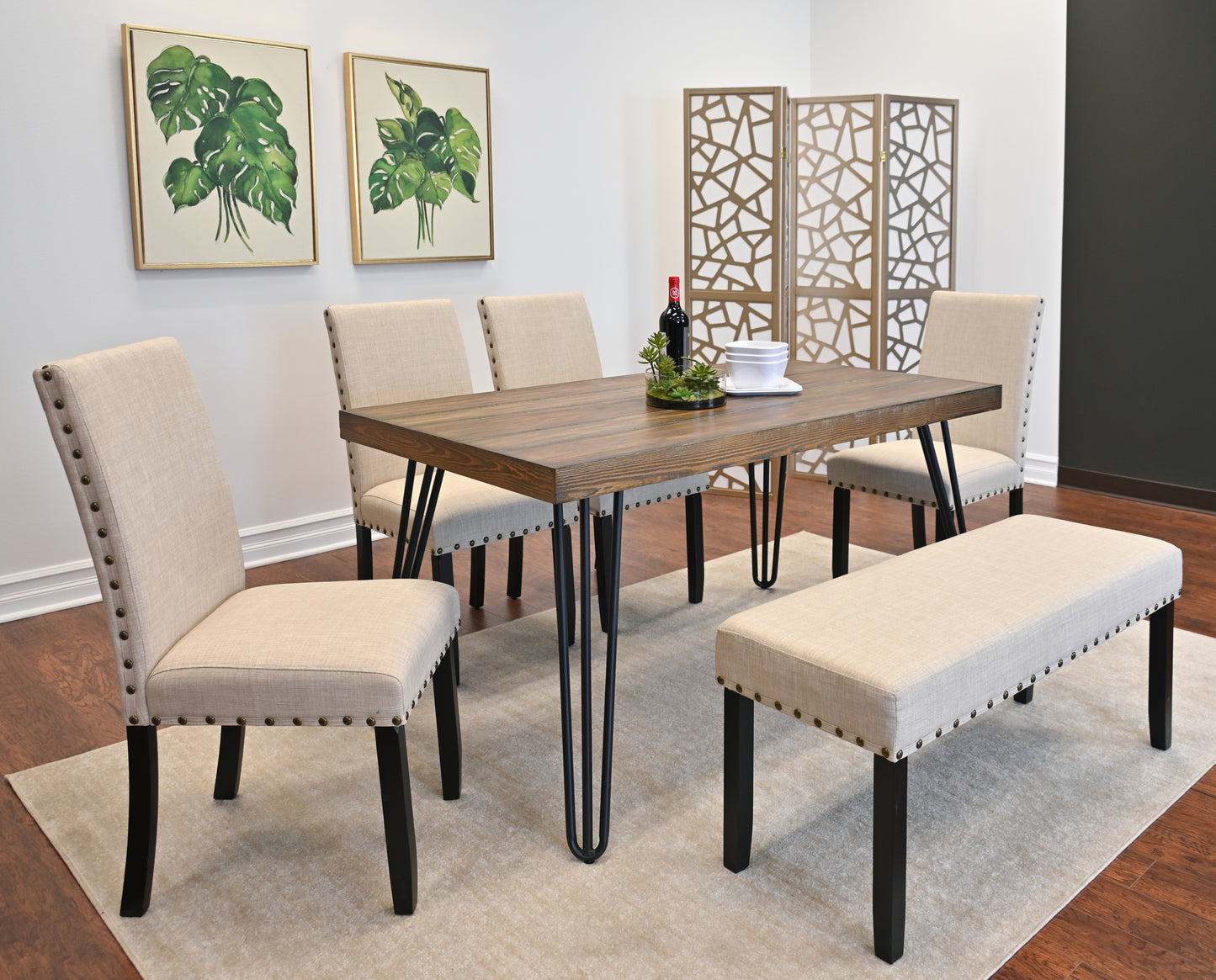 Six Piece Hairpin Dining Table Set With Chairs Bench Walnut