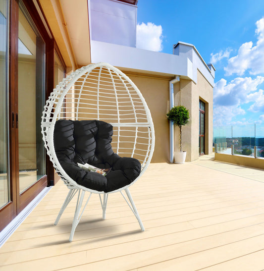 Outdoor Patio Lounge Chair With Fabric Seat And Wicker Accents In Sleek Modern Style Black And White