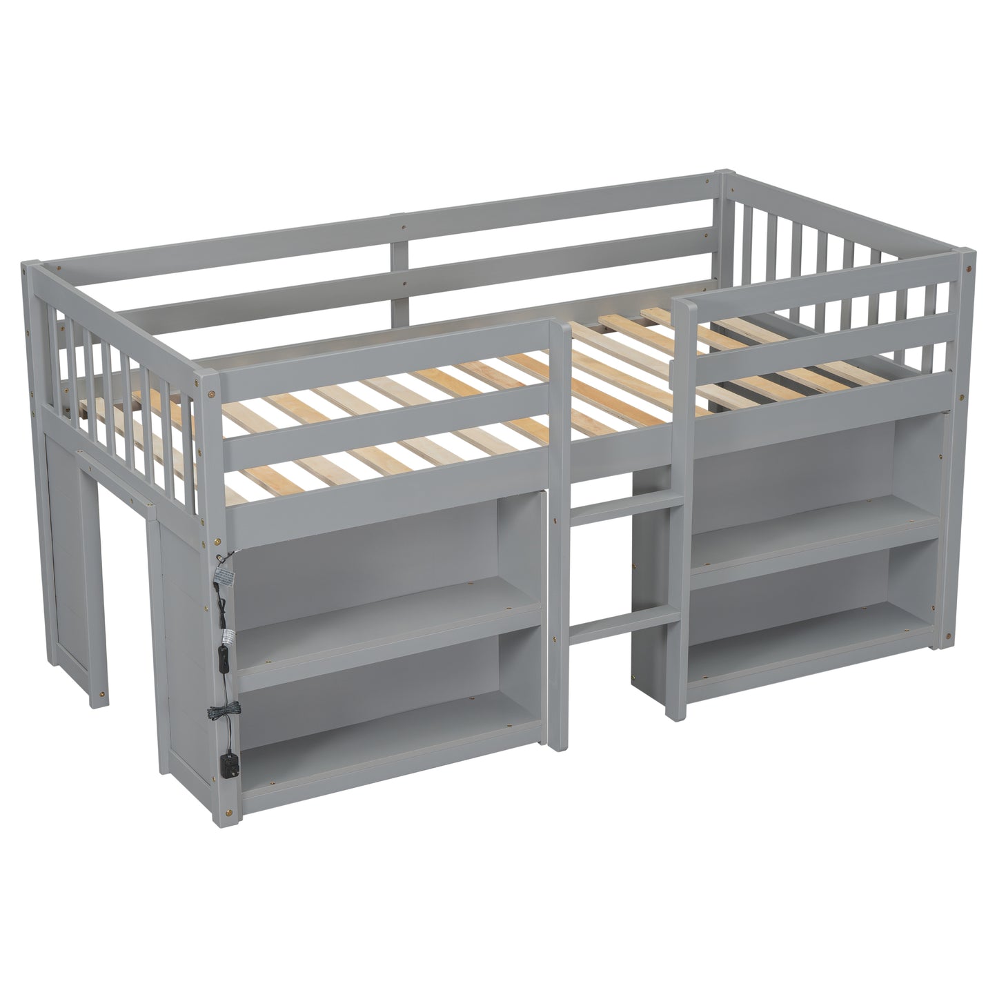Twin Size Low Loft Bed for Kids with Dual Shelving and LED Lights in Grey