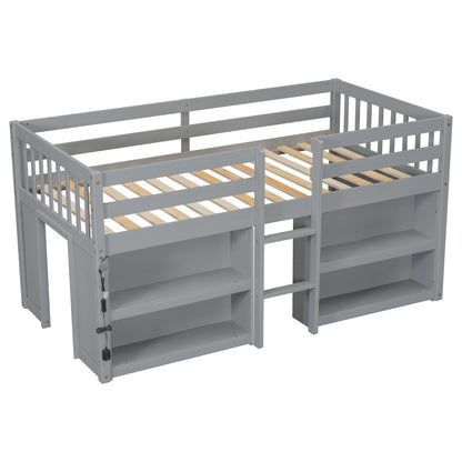 Twin Size Low Loft Bed for Kids with Dual Shelving and LED Lights in Grey