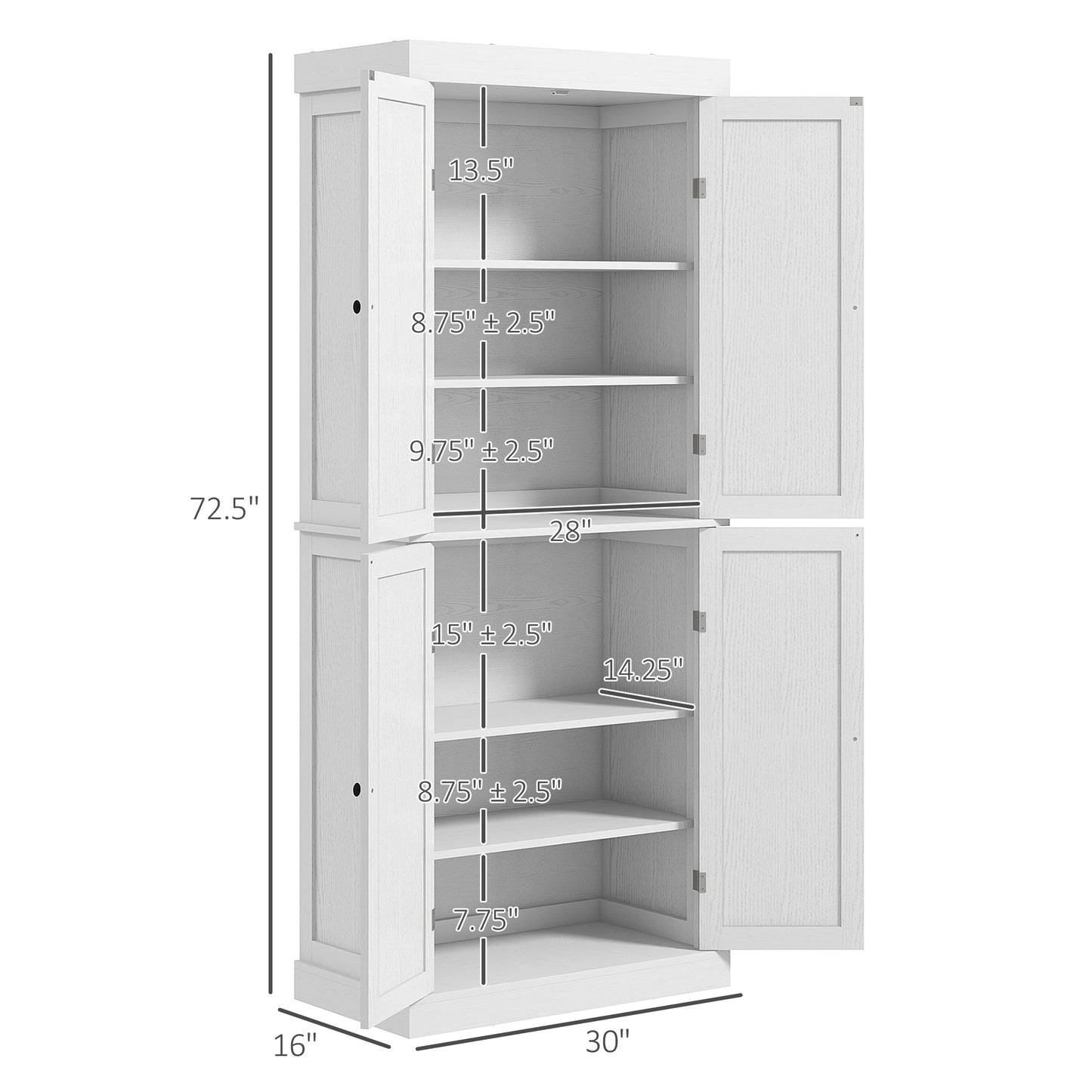Elegant 72.5" White Freestanding Kitchen Pantry with Adjustable Shelves and 4 Doors