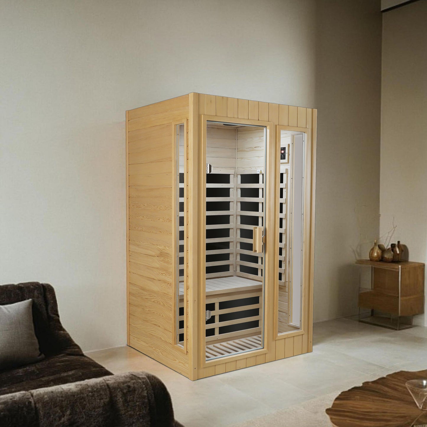 Two-Person Far Infrared Indoor Sauna Room with 1500W, 5 Heating Panels, LCD, Bluetooth Natural Wood