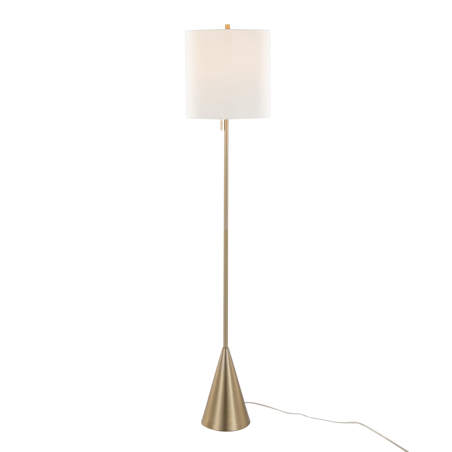 64-Inch Contemporary Cone Floor Lamp, Metal with White Linen Shade, Pull Chain, Indoor, UL Listed, Gold