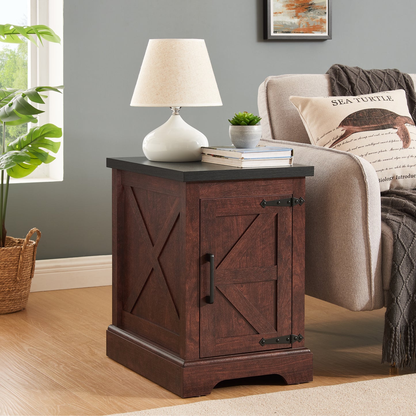 Rectangular Farmhouse End Table with Barn Door and Adjustable Storage Shelf for Room or Bedroom Oak
