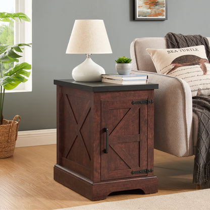 Rectangular Farmhouse End Table with Barn Door and Adjustable Storage Shelf for Room or Bedroom Oak