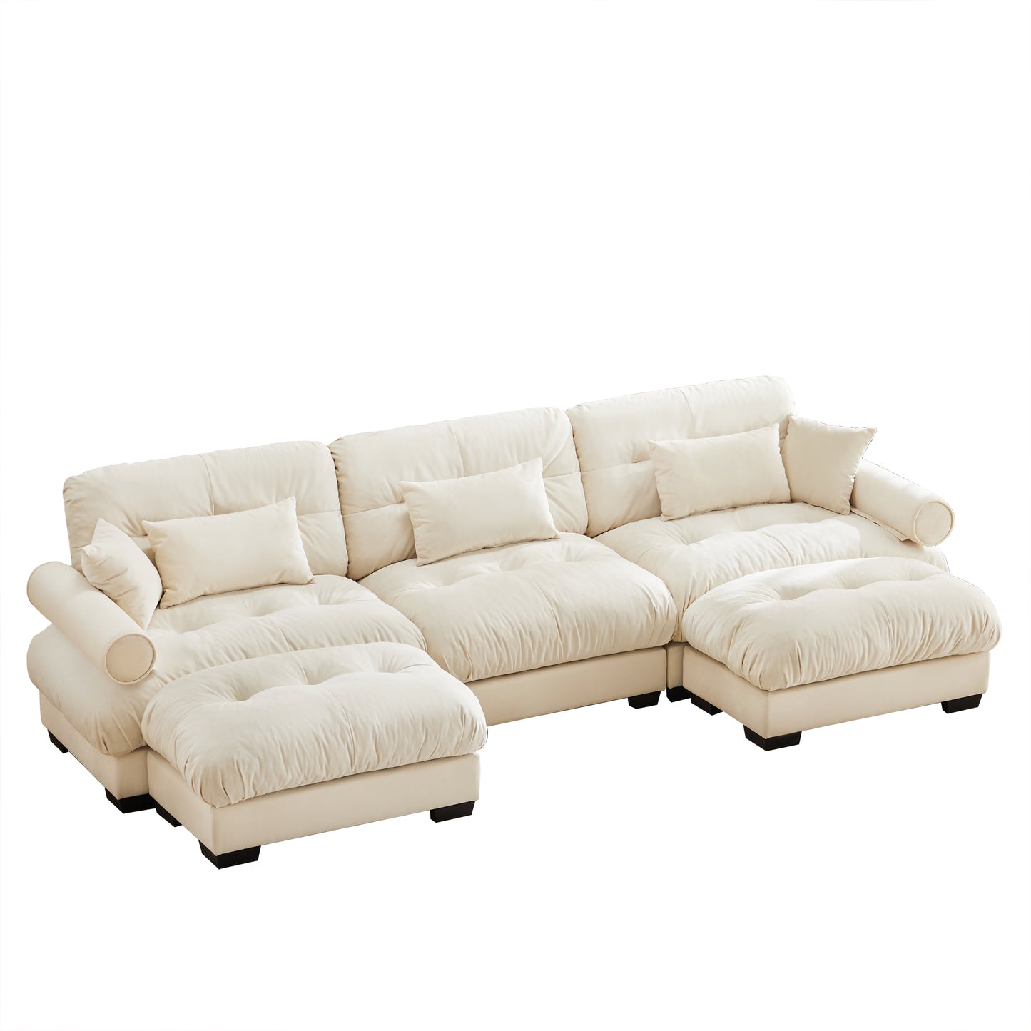 Modular U-Shape Sectional Sofa with Movable Ottomans, L-Shaped Convertible, Velvet - Cream Velvet